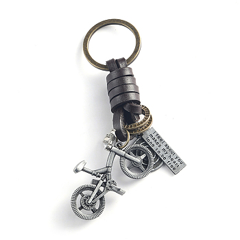 Punk Style Woven Cow Leather Alloy Pendant Keychain, for Car Key Pendant, Antique Silver, Bicycle Pattern, 11cm