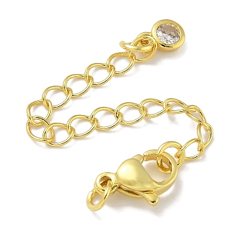 Brass Chain Extender, with Lobster Claw Clasps and Cubic Zirconia Charms, Flat Round, Real 18K Gold Plated, 70mm, Hole: 2.5mm