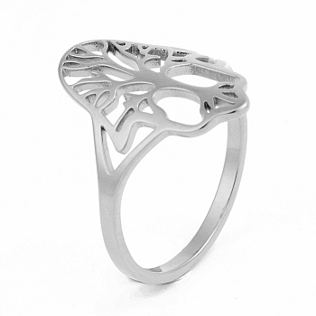 304 Stainless Steel Rings, Wide Band Ring, Hollow Hamsa Hand Tree of Life Rings, Stainless Steel Color, Inner Diameter: 17mm