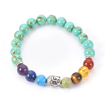 Synthetic Turquoise(Dyed) Stretch Bracelets, Chakra Jewelry, with Mixed Stone and Resin Beads, Metal Findings and Burlap Packing, Round, Buddha, 2 inch~2-1/8 inch(5.2~5.5cm)