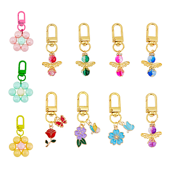 Angel & Flower Pendant Decorations, with Alloy Swivel Clasps, Clip-on Charms, Mixed Color, 54~66mm, 11pcs/box