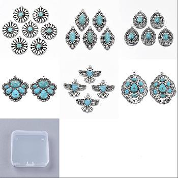 12Pcs 6 Style Tibetan Style Alloy Pendants, with Synthetic Turquoise, Cadmium Free & Lead Free, Mixed Shapes, 34~57.5x22~45x5.5~7.5mm, Hole: 1.8~2.5mm, 2pcs/style