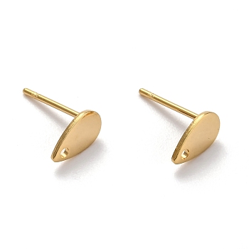 304 Stainless Steel Stud Earring Findings, with Flat Plate, Teardrop, Real 24k Gold Plated, 8x5x0.9mm, Hole: 1.2mm, Pin: 0.8mm