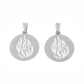 201 Stainless Steel Pendants, Flat Round with Flame Charms, Laser Cut, Stainless Steel Color, 22.5x20x1.5mm, Hole: 7.5x3.5mm