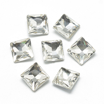 Pointed Back Glass Rhinestone Cabochons, Back Plated, Faceted, Square, Clear, 14x14x5.5mm