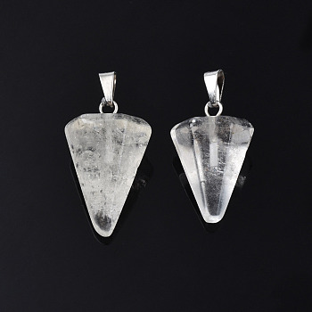 Cone/Spike/Pendulum Natural Quartz Crystal Pendants, Rock Crystal, with Platinum Plated Iron Findings, 25~27x14x14mm, Hole: 6x3mm
