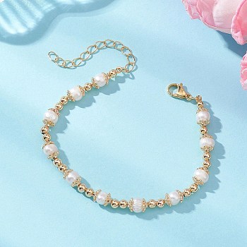Natural Cultured Freshwater Pearl & Brass Beaded Bracelets for Women, Round, White, 7-3/8 inch(18.6cm)