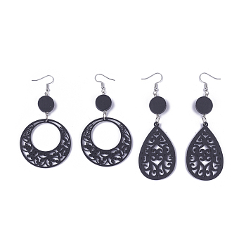 Wood Pendant Dangle Earrings, with Platinum Tone Iron Earring Hooks, Mixed Shapes, Black, 89~92mm, Flat Round: 14mm, Pendants: 44~49x31~44x1.5mm, Pin: 0.5mm