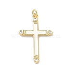 Brass Micro Pave Cubic Zirconia Pendants, with Enamel, Cross Charms, Long-Lasting Plated, Cadmium Free & Lead Free, Rack Plating, Real 18K Gold Plated, White, 33x21x2.5mm, Jump Ring: 5x1mm, Inner Diameter: 3mm(KK-Z153-24G-01)