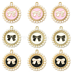 10Pcs 3 Styles Alloy Enamel Pendants, with Plastic Imitation Pearl, Light Gold, Flat Round with Bowknot Charm, Mixed Color, 28x24.5~25x3.5~4mm, Hole: 2~2.5mm(ENAM-YW0006-23)