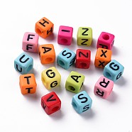 Opaque Mixed Color Acrylic Beads, Horizontal Hole, Cube with Black Random Letter, Mixed Color, 8x8x8mm, Hole: 4mm, about 1130pcs/500g(MACR-N008-47)