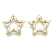Brass Micro Pave Cubic Zirconia Spring Gate Rings, Star, Nickel Free, Colorful, Real 16K Gold Plated, 24x26x3mm, Inner Diameter: 14x12mm(ZIRC-N039-025-NF)