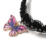 Polyester Lace Choker Necklaces, with Alloy Enamel Pendant, Flower, Butterfly, 13.78 inch(35cm)(NJEW-M210-01D)