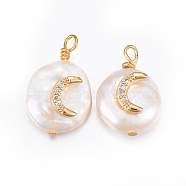 Natural Cultured Freshwater Pearl Pendants, with Brass Cubic Zirconia Findings, Nuggets with Moon, Golden, Clear, 17~26x11~16x5~11mm, Hole: 1.6~2mm(PEAR-E013-26)