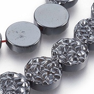 Electroplated Non-magnetic Synthetic Hematite Beads Strands, Textured Flat Round, Hematite Plated, 12x4mm, Hole: 1mm, about 33pcs/strand, 15.7 inch(40cm)(G-E498-21B-05)