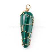 Natural Malachite Pendants, with Real 18K Gold Plated Eco-Friendly Copper Wire Copper Beading Wire Findings, Teardrop, 32x11x11mm, Hole: 2.5mm(PALLOY-JF00642)