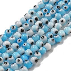 Handmade Lampwork Beads Strands, Round with Evil Eye, Deep Sky Blue, 4mm, Hole: 0.7mm, about 107pcs/strand, 15.94''(40.5cm)(LAMP-H001-07A)