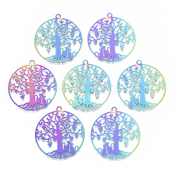 Ion Plating(IP) 201 Stainless Steel Filigree Pendants, Etched Metal Embellishments, Flat Round with Heart Tree & Lover Cat, for Valentine's Day, Rainbow Color, 33.5x30.5x0.4mm, Hole: 2mm(STAS-T057-21)