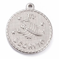 304 Stainless Steel Pendants, Flat Round with Constellation, Scorpio, 29x26x3mm, Hole: 2mm(STAS-O140-02P-C)