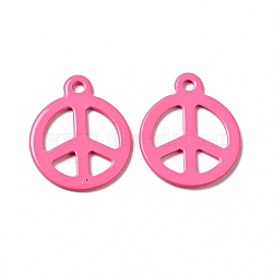 Spray Painted 201 Stainless Steel Pendants, Flat Round with Peace Sign Charm, Hot Pink, 15x12.5x1mm, Hole: 1.4mm(STAS-G304-04C)