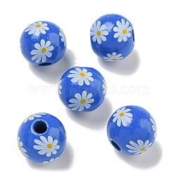 Printed Wood European Beads, Round with Daisy Pattern, Royal Blue, 15.5~16mm, Hole: 4~4.5mm(WOOD-G022-19F)