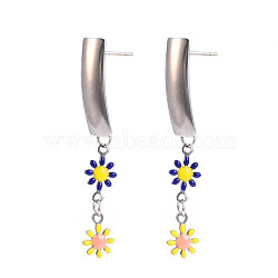 Rectangle with Flower Enamel Long Dangle Stud Earrings, Stainless Steel Color Plated 304 Stainless Steel Jewelry for Women, Dark Blue, 46.5x6mm, Pin: 0.8mm(EJEW-N049-06A)