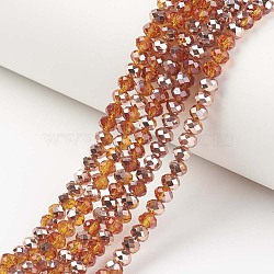 Electroplate Transparent Glass Beads Strands, Half Copper Plated, Faceted, Rondelle, Chocolate, 4x3mm, Hole: 0.4mm, about 123~127pcs/strand, 16.5~16.9 inch(42~43cm)(EGLA-A034-T4mm-N13)