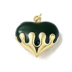 Rack Plating Brass Enamel Pendants, with Jump Ring, Long-Lasting Plated, Lead Free & Cadmium Free, Real 18K Gold Plated, Heart Charm, Dark Green, 20.5x20.5x10.5mm, Hole: 3mm(KK-S366-05G-06)