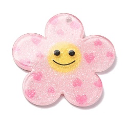 Acrylic Pendants, with Giltter Power, Flower with Smiling Face, Pearl Pink, 38x39x2mm, Hole: 2.2mm(OACR-Q055-01B)