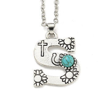 Letter A~Z Antique Silver Plated Alloy with Synthetic Turquoise Pendant Necklaces, with Iron Cable Chains, Letter S, 18.70 inch(475mm), Letter S: 28x22mm