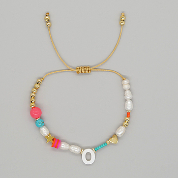 Initial Letter Natural Pearl Braided Bead Bracelet, Adjustable Bracelet, Letter O, 11 inch(28cm)