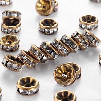 Brass Rhinestone Spacer Beads, Grade AAA, Straight Flange, Nickel Free, Antique Bronze Metal Color, Rondelle, Crystal, 8x3.8mm, Hole: 1.5mm