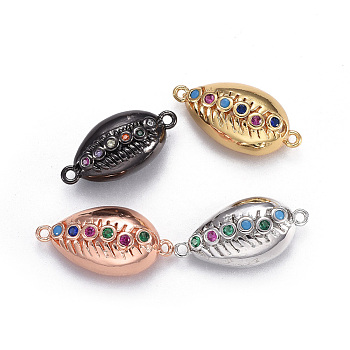 Brass Micro Pave Cubic Zirconia Links, Cowrie Shell, Colorful, Mixed Color, 20.5x10~11x5~6.5mm, Hole: 1.4mm