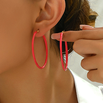 Stylish and Classic French Style Plastic & Stainless Steel Hoop Earrings for Women, Golden, Red, 50.5x50mm