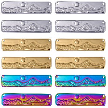 12Pcs 3 Colors Ion Plating(IP) 304 Stainless Steel Pendants, Rectangle with Mountain Charm, Mixed Color, 10x40x1.5mm, Hole: 1.2mm, 4pcs/color