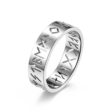 Non-Tarnish Hollow Word Stainless Steel Finger Rings, Rune Words Odin Norse Viking Amulet Jewelry, Stainless Steel Color, Inner Diameter: 21mm