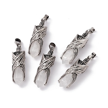 Natural Quartz Crystal Pendants, Rock Crystal Pendants, Faceted Bullet Charms, Rack Plating Antique Silver Tone Brass Wing Findings, Cadmium Free & Lead Free, 42.5x12.5x11mm, Hole: 8x5mm