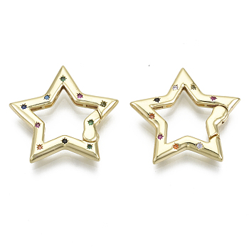 Brass Micro Pave Cubic Zirconia Spring Gate Rings, Star, Nickel Free, Colorful, Real 16K Gold Plated, 24x26x3mm, Inner Diameter: 14x12mm