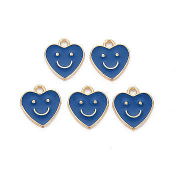 Alloy Enamel Charms, Cadmium Free & Lead Free, Light Gold, Heart with Smile, Marine Blue, 13x12x1.5mm, Hole: 1.6mm