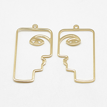 Brass Pendants, Face, Real 18K Gold Plated, 40x22.5x1mm, Hole: 1.5mm