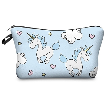Unicorn Pattern Polyester Waterpoof Makeup Storage Bag, Multi-functional Travel Toilet Bag, Clutch Bag with Zipper for Women, Light Blue, 22x13.5cm