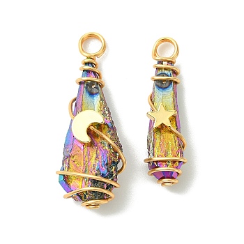 2Pcs Electroplated Natural Quartz Crystal Dyed Copper Wire Wrapped Pendants, Teardrop Charms with Brass Star & Moon, Golden, Colorful, 28~37x9.5~15.5x7.5~16mm, Hole: 3.5~4mm