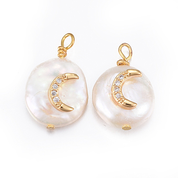Natural Cultured Freshwater Pearl Pendants, with Brass Cubic Zirconia Findings, Nuggets with Moon, Golden, Clear, 17~26x11~16x5~11mm, Hole: 1.6~2mm