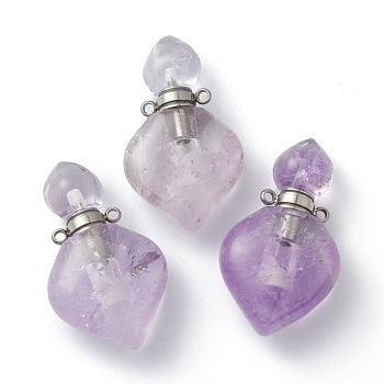 Natural Amethyst Pendants, with Platinum Brass Findings, Openable Perfume Bottle, 37x21x11mm, Hole: 1.5mm
