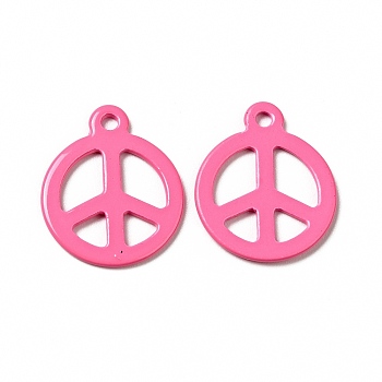 Spray Painted 201 Stainless Steel Pendants, Flat Round with Peace Sign Charm, Hot Pink, 15x12.5x1mm, Hole: 1.4mm