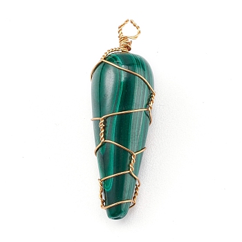 Natural Malachite Pendants, with Real 18K Gold Plated Eco-Friendly Copper Wire Copper Beading Wire Findings, Teardrop, 32x11x11mm, Hole: 2.5mm