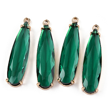 Transparent Glass Pendants, with Brass Findings, Faceted, Teardrop, Light Gold, Sea Green, 32x8x4mm, Hole: 1.2mm