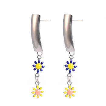 Rectangle with Flower Enamel Long Dangle Stud Earrings, Stainless Steel Color Plated 304 Stainless Steel Jewelry for Women, Dark Blue, 46.5x6mm, Pin: 0.8mm