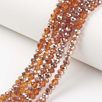 Electroplate Transparent Glass Beads Strands, Half Copper Plated, Faceted, Rondelle, Chocolate, 4x3mm, Hole: 0.4mm, about 123~127pcs/strand, 16.5~16.9 inch(42~43cm)