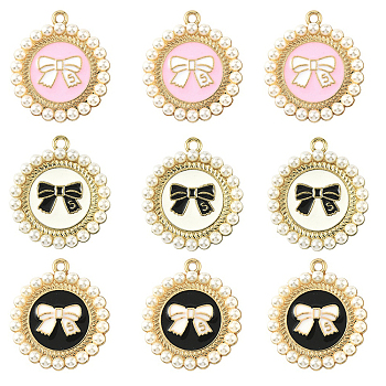 10Pcs 3 Styles Alloy Enamel Pendants, with Plastic Imitation Pearl, Light Gold, Flat Round with Bowknot Charm, Mixed Color, 28x24.5~25x3.5~4mm, Hole: 2~2.5mm